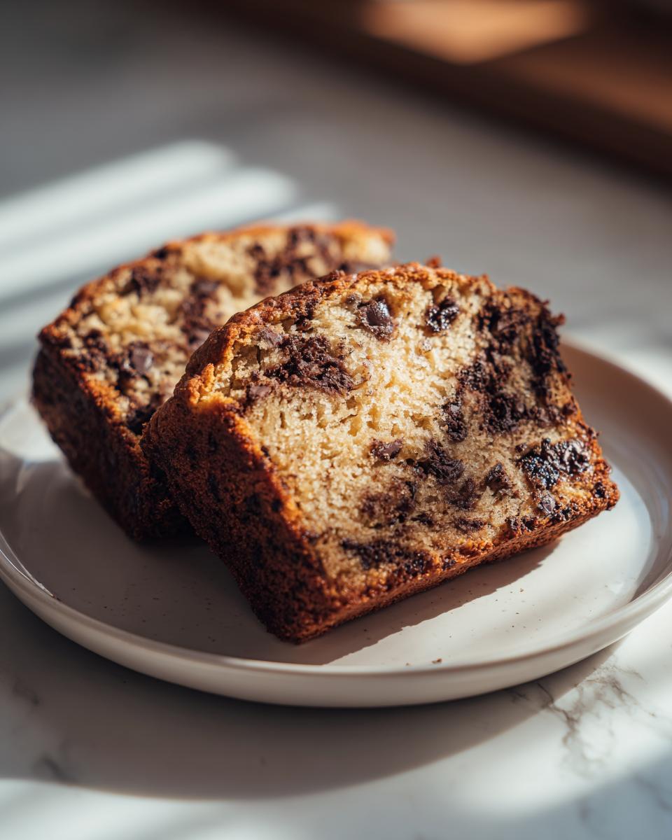 Two thick slices of amazing oreo banana bread, studded with chocolate chunks, resting on a white plate.