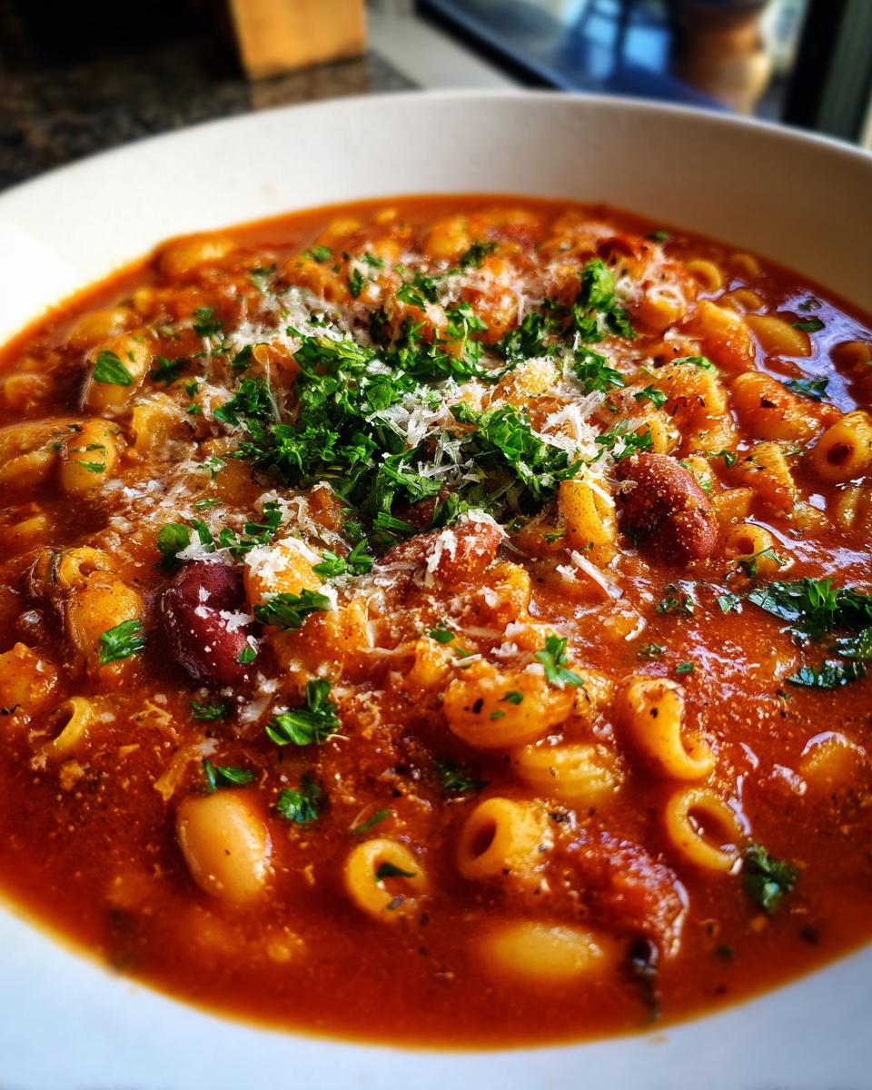 Close-up of a rich, tomato-based pasta fagioli soup topped with grated Parmesan cheese and fresh parsley.