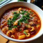 Close-up of a rich, red bowl of pasta fagioli topped with fresh parsley and grated cheese.