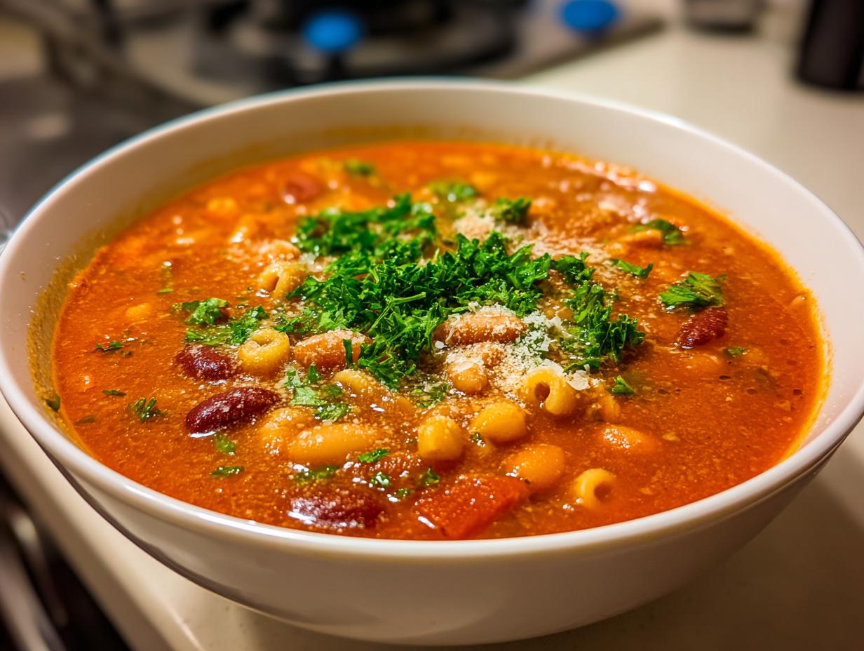 Close-up of a steaming bowl of amazing pasta fagioli, topped with fresh parsley and Parmesan cheese.