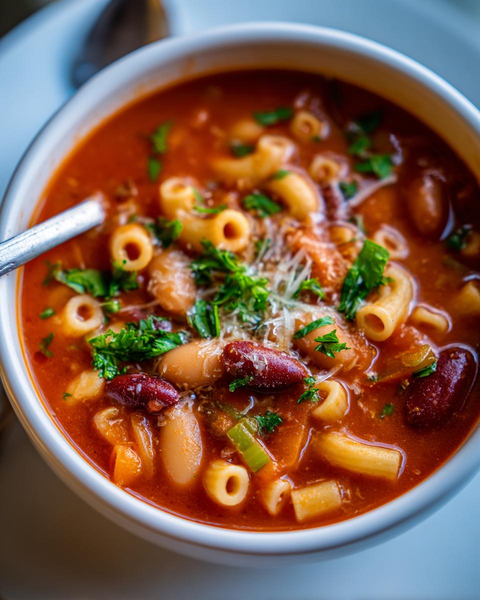 Close-up of a white bowl filled with rich tomato-based pasta fagioli, featuring elbow macaroni, kidney beans, and fresh parsley.