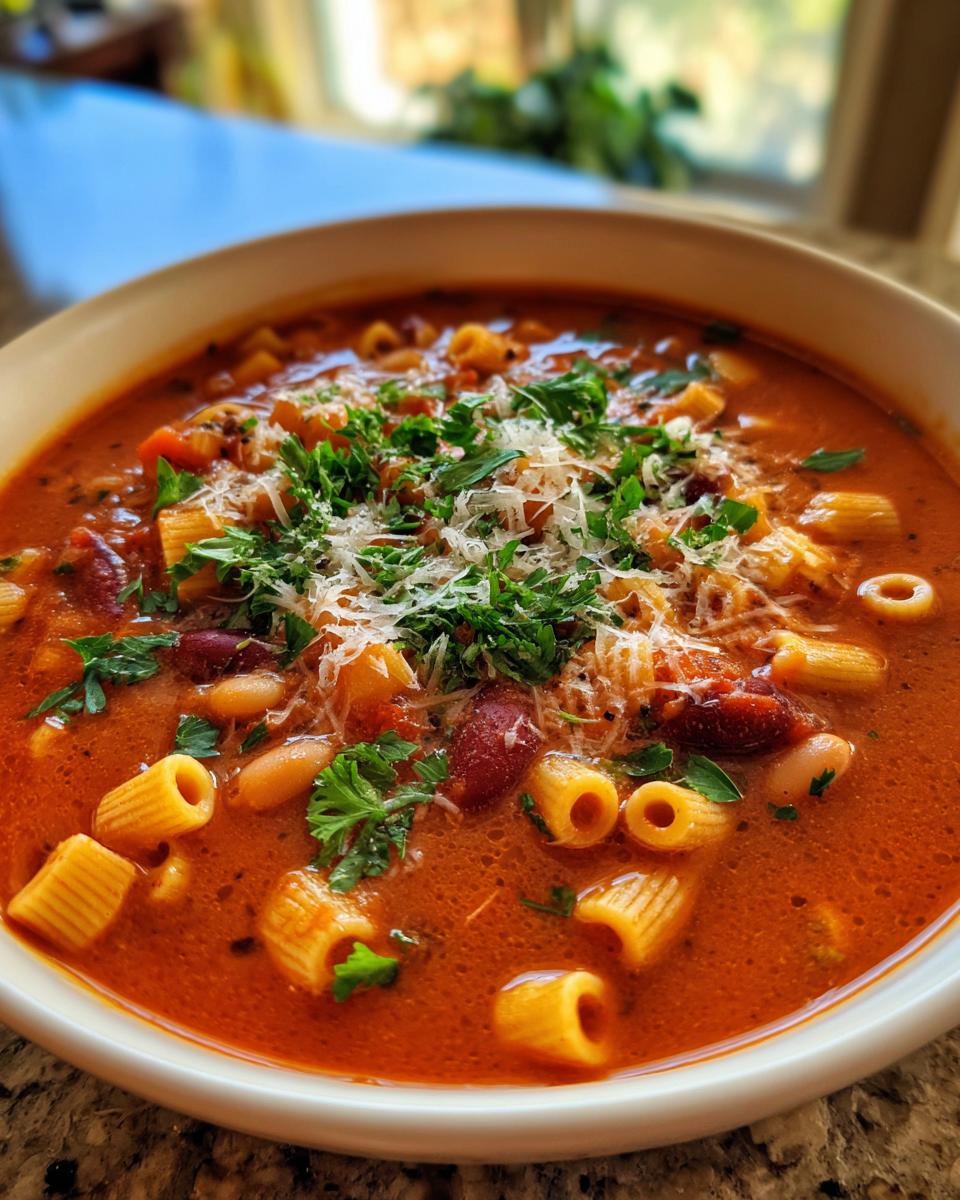 Close-up of a rich, tomato-based pasta fagioli soup topped with grated cheese and fresh parsley.