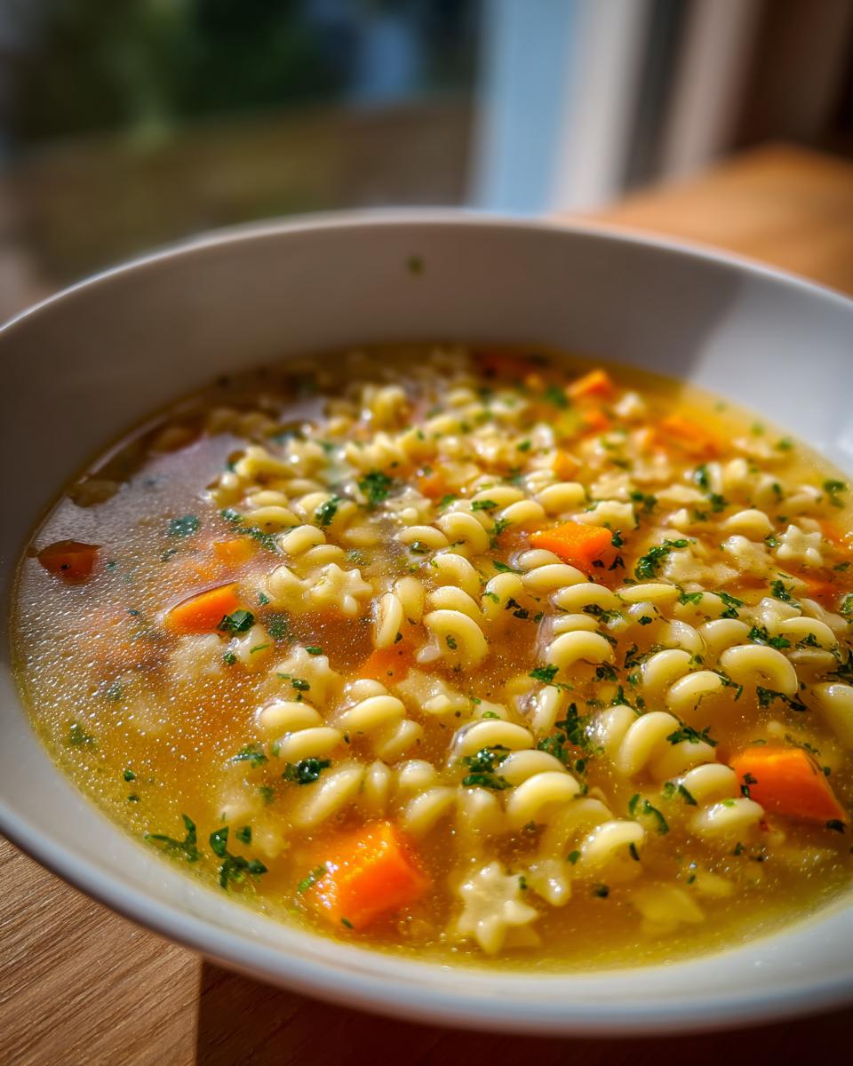 A close-up, bright photo of a bowl of amazing pastina soup featuring spiral and star-shaped pasta, diced carrots, and parsley.