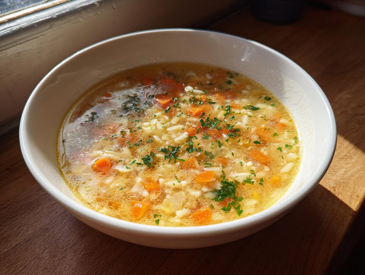 A close-up, sunlit view of a white bowl filled with amazing pastina soup, featuring small pasta, diced carrots, and fresh parsley garnish.