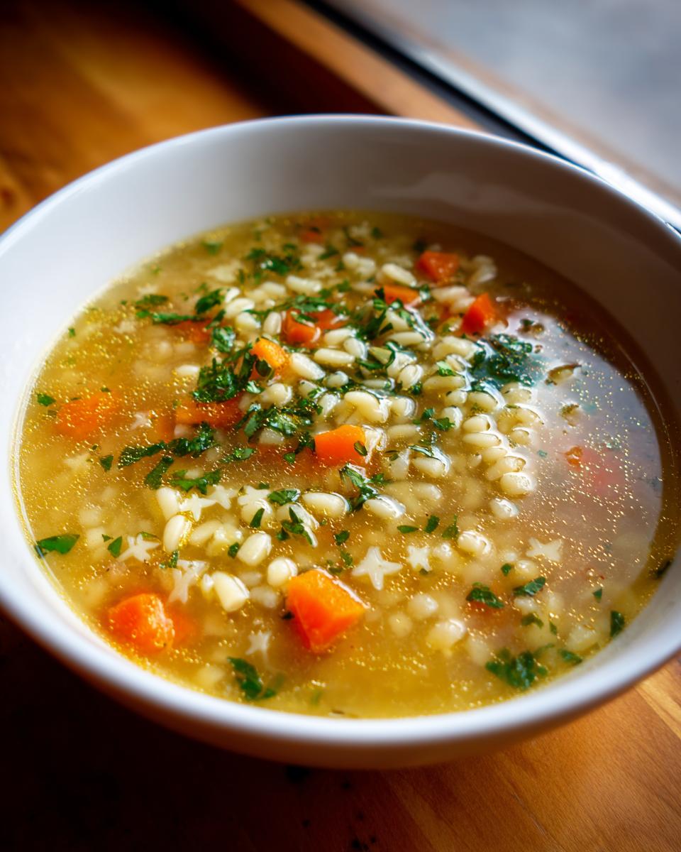 A close-up of a white bowl filled with comforting pastina soup featuring star-shaped pasta, diced carrots, and fresh parsley garnish.