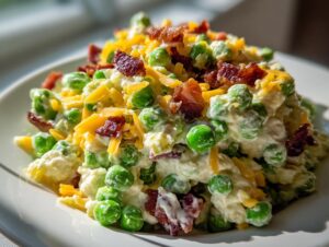 A close-up of creamy pea salad mixed with shredded cheddar cheese and topped with crispy bacon pieces.