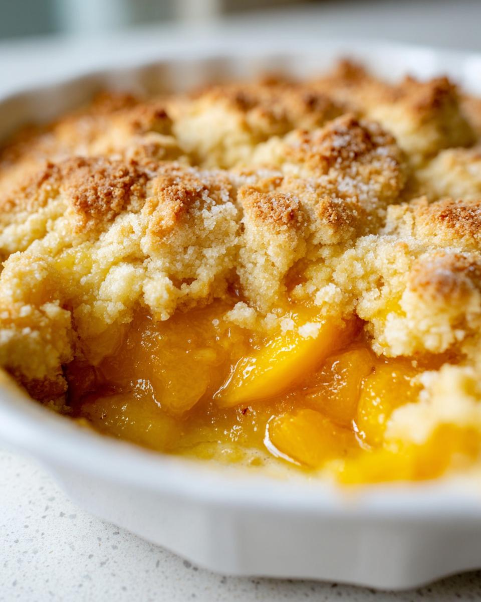 Close-up of a scoop taken out of a warm peach cobbler, showing juicy fruit filling and a crumbly, sugared topping.