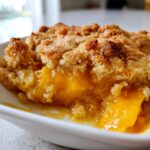 A close-up view of a serving of warm peach cobbler showing juicy, bright orange peaches beneath a golden, crumbly topping.