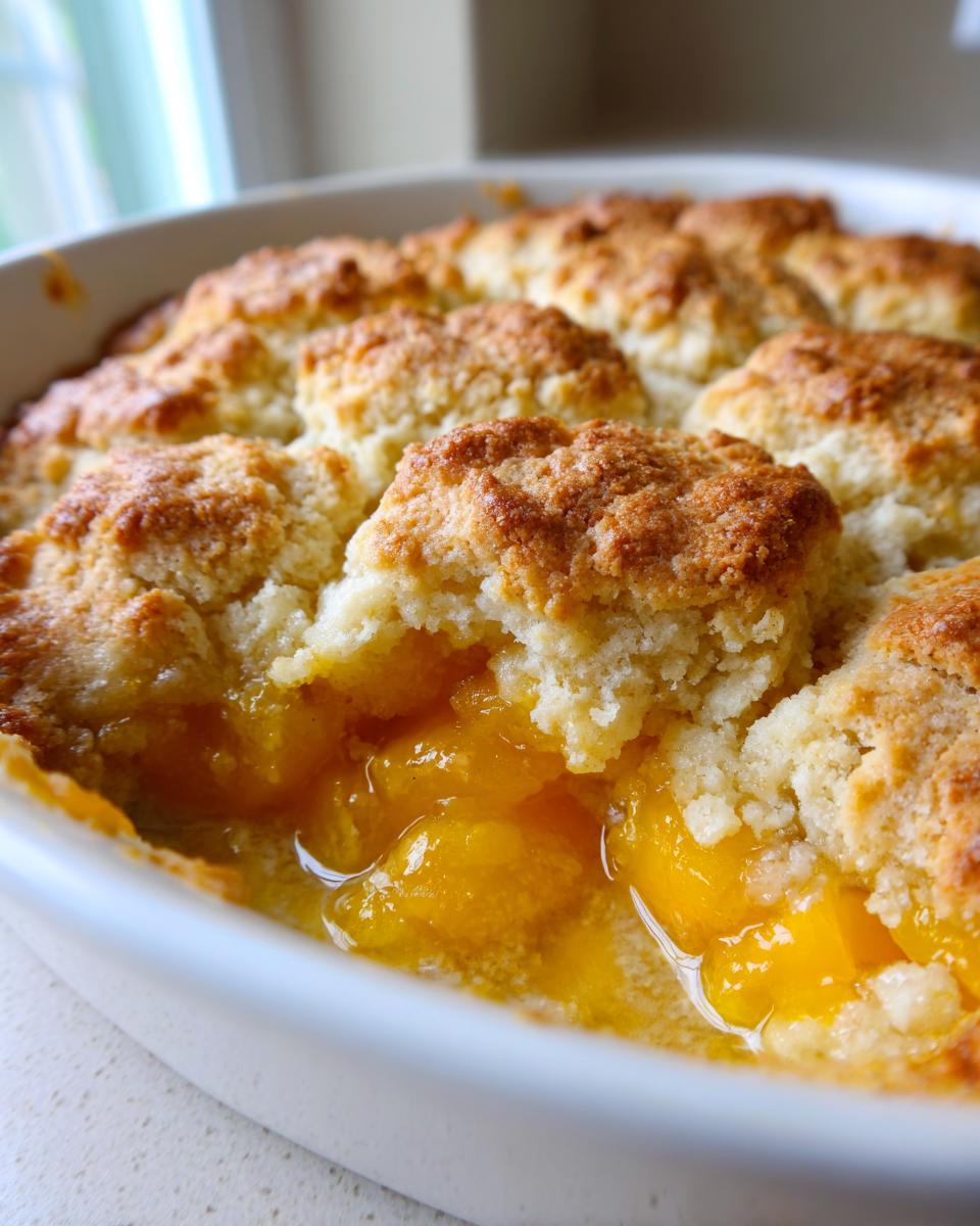 A close-up view showing the golden, biscuit-like topping broken open to reveal the bubbling, syrupy peach filling of the amazing peach cobbler.