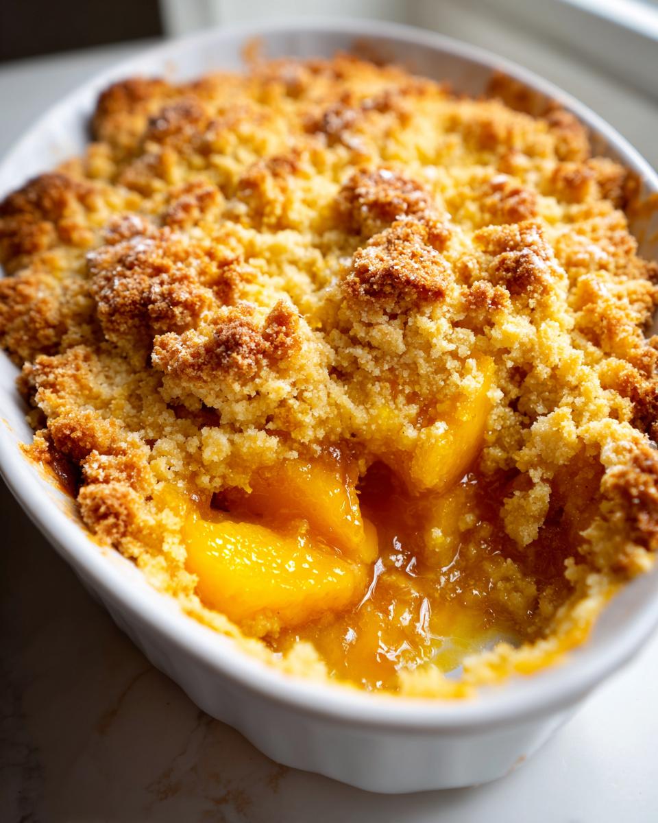 Close-up of a golden brown topping revealing warm, syrupy peach filling in a white dish, highlighting the delicious peach cobbler.