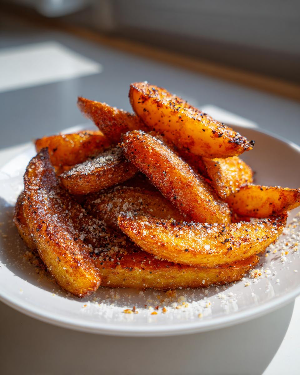 A close-up of crispy, golden-brown potato wedges seasoned with pepper and topped with grated Parmesan cheese.