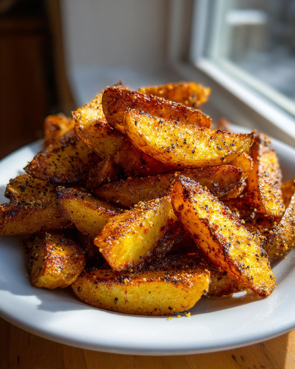 A close-up, sunlit pile of perfectly cooked, golden brown potato wedges seasoned heavily with pepper and spices.