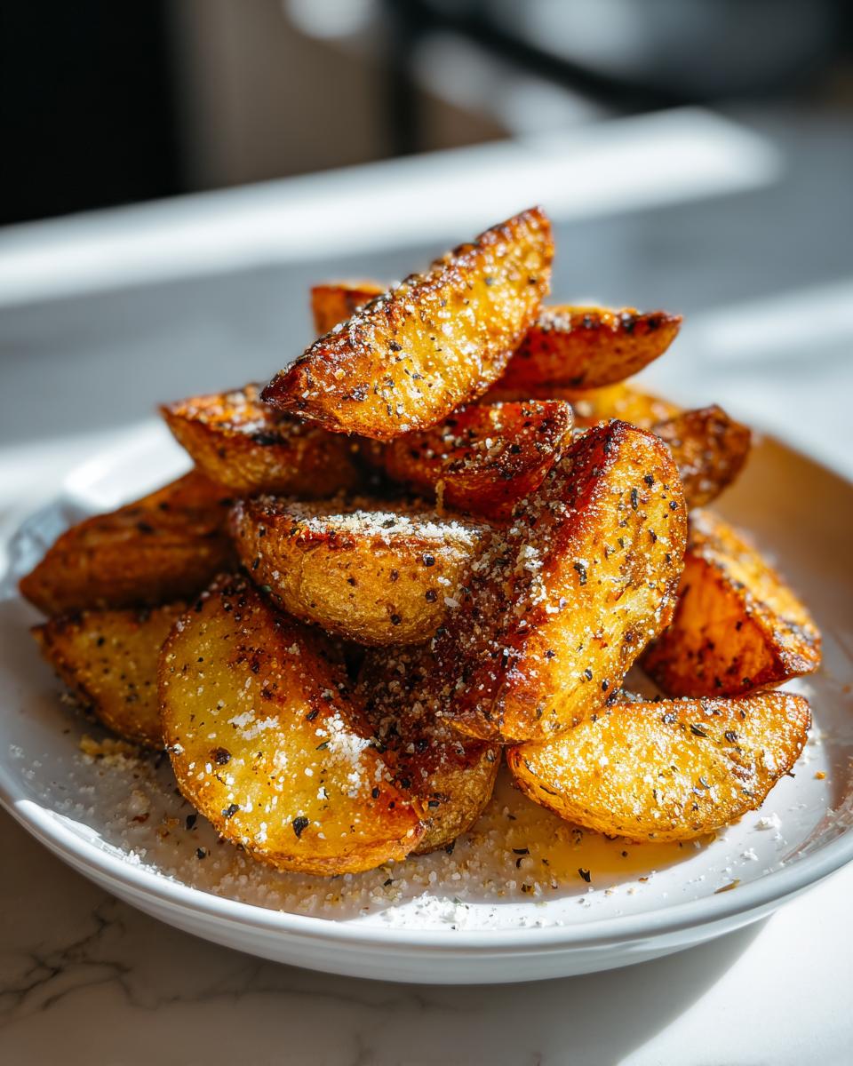 A close-up of golden brown, crispy potato wedges seasoned with pepper and grated cheese.