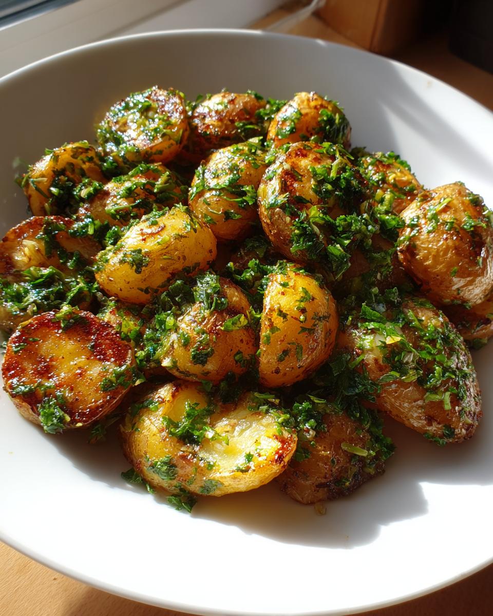 A white bowl filled with golden roasted potato salad, tossed generously with bright green chopped parsley.