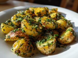 Close-up of glistening, warm roasted potato salad tossed generously with fresh green herbs.