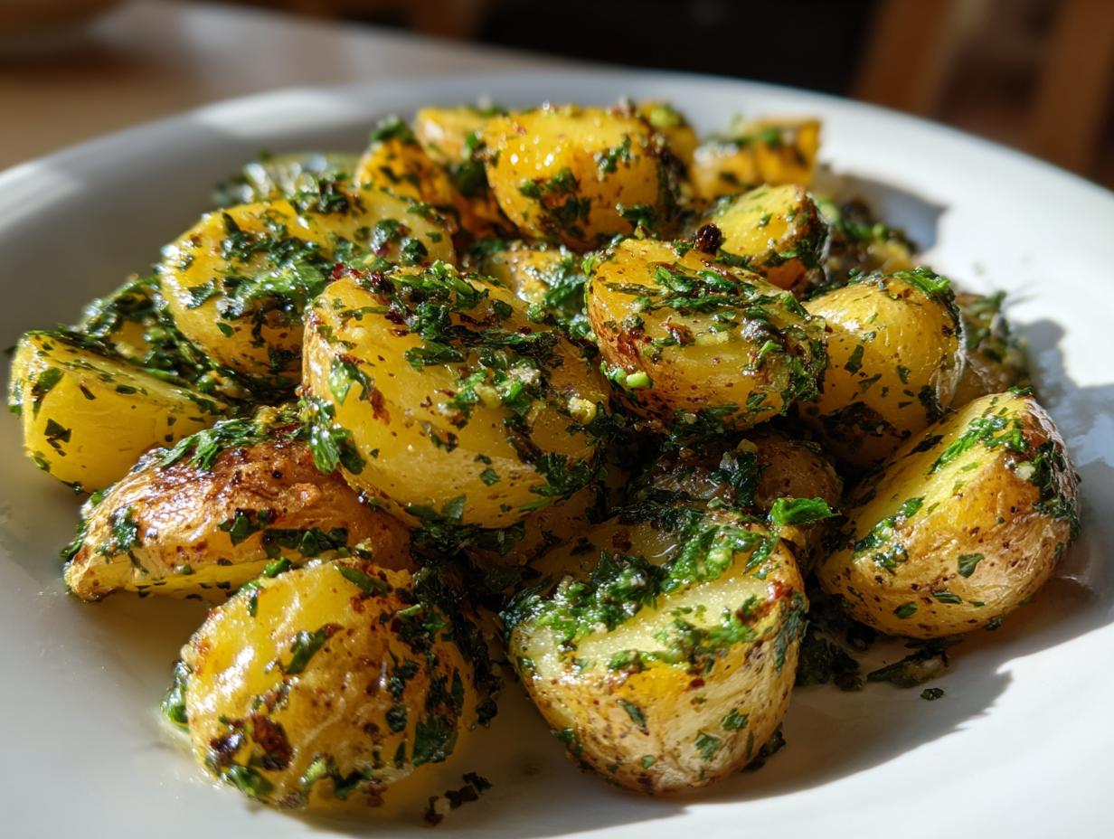 Close-up of glistening, warm roasted potato salad tossed generously with fresh green herbs.