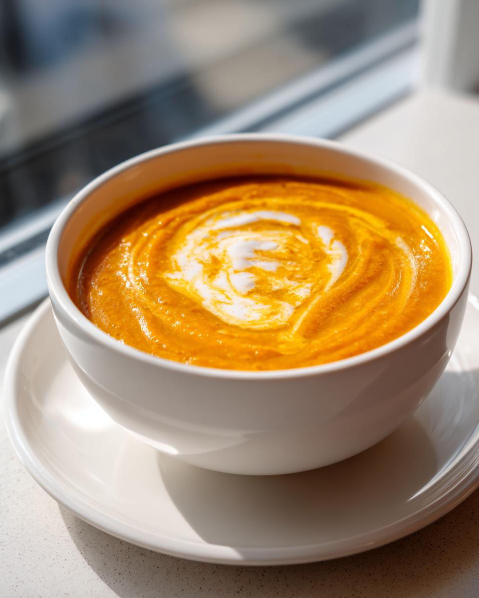 Close-up of a white bowl filled with vibrant orange squash soup, swirled with cream.