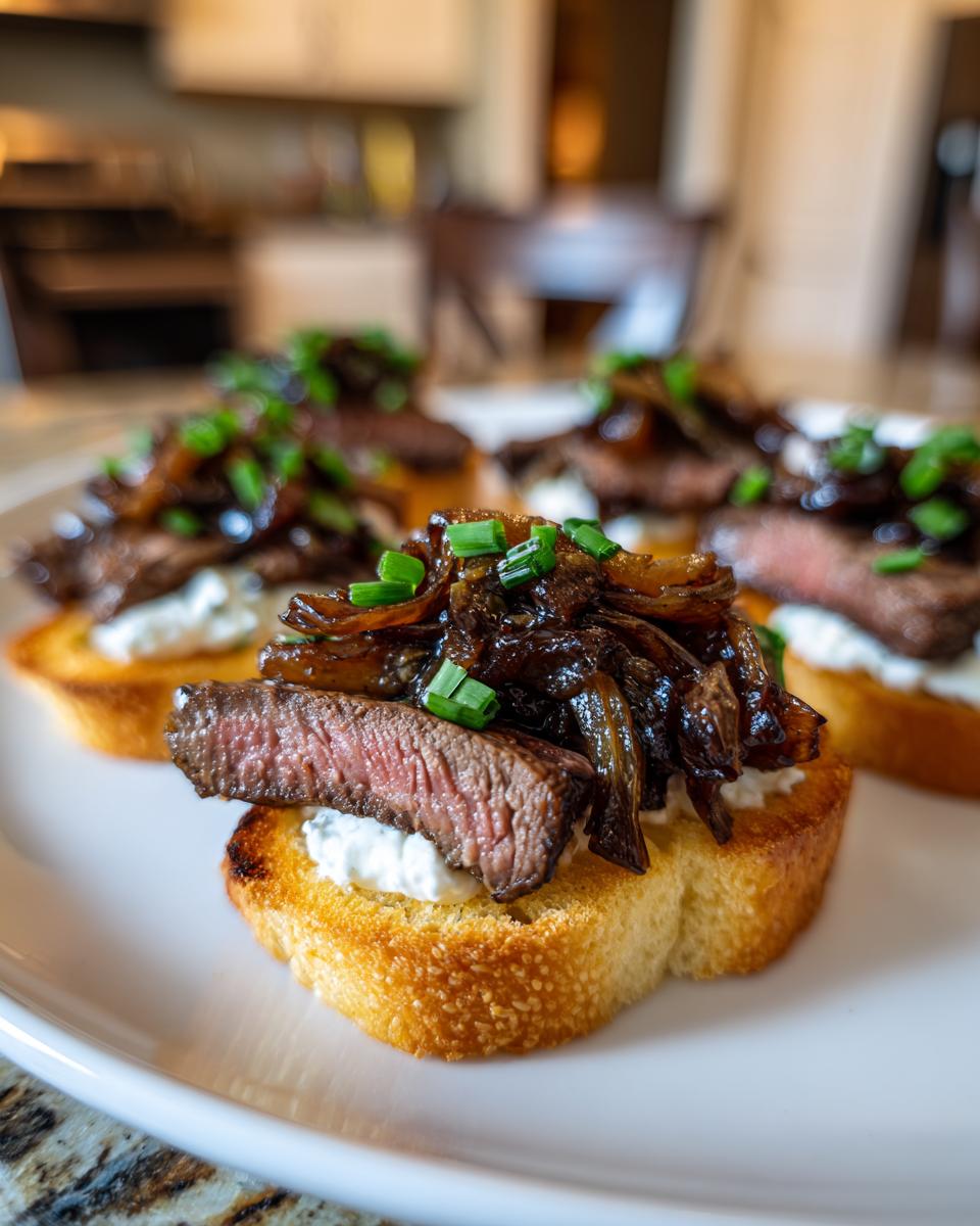 Close-up of steak crostini featuring medium-rare steak, caramelized onions, and creamy cheese on toasted bread.