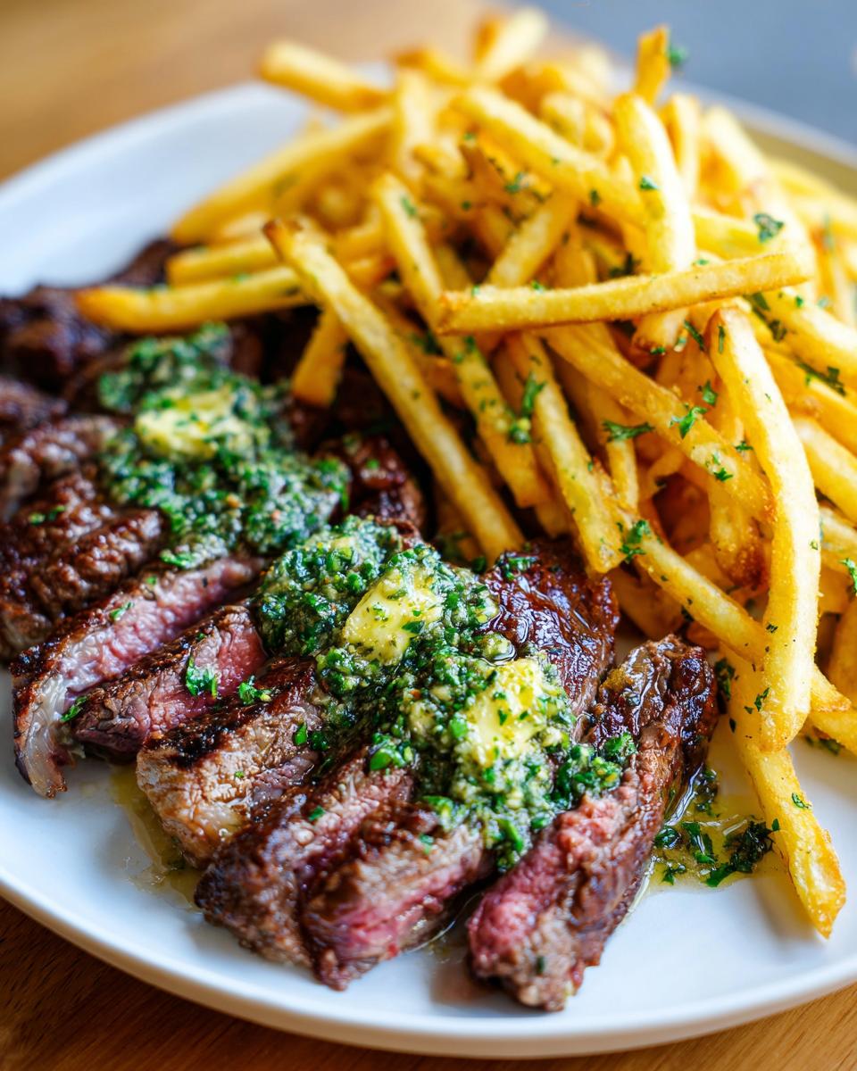 Close-up of sliced steak frites topped with melting herb butter, served next to a pile of golden french fries.