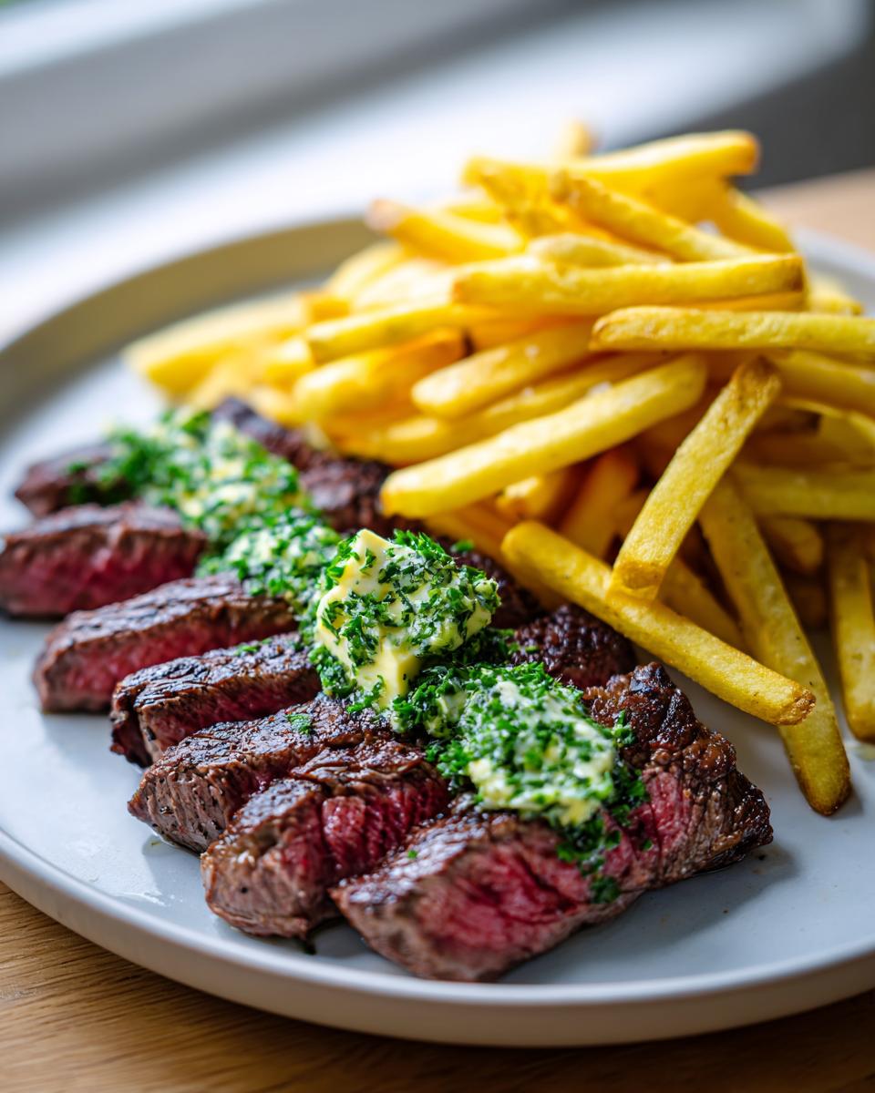 Slices of medium-rare steak frites topped with melting herb butter, served alongside a pile of golden french fries.
