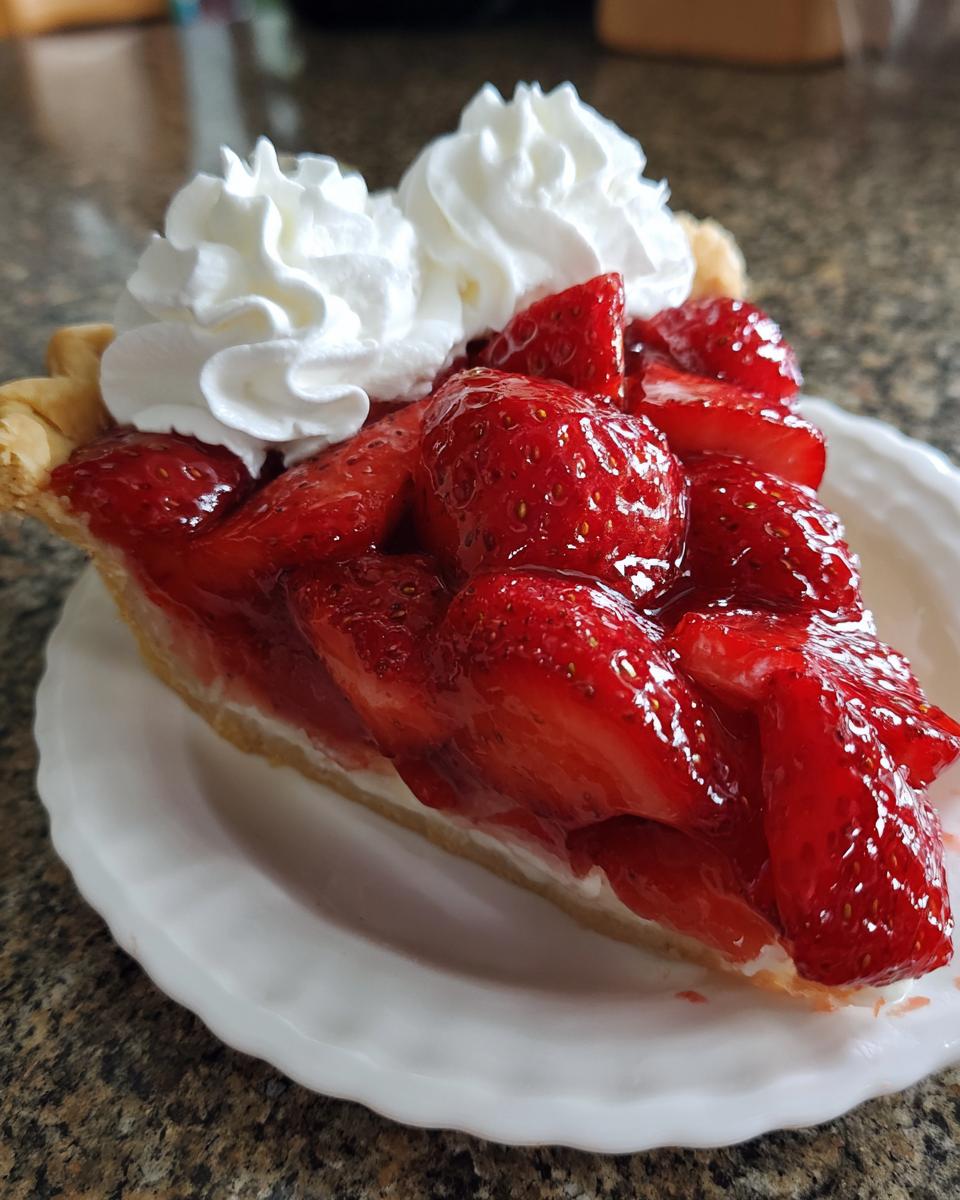 A perfect slice of amazing strawberry pie topped with glossy strawberries and two dollops of whipped cream.