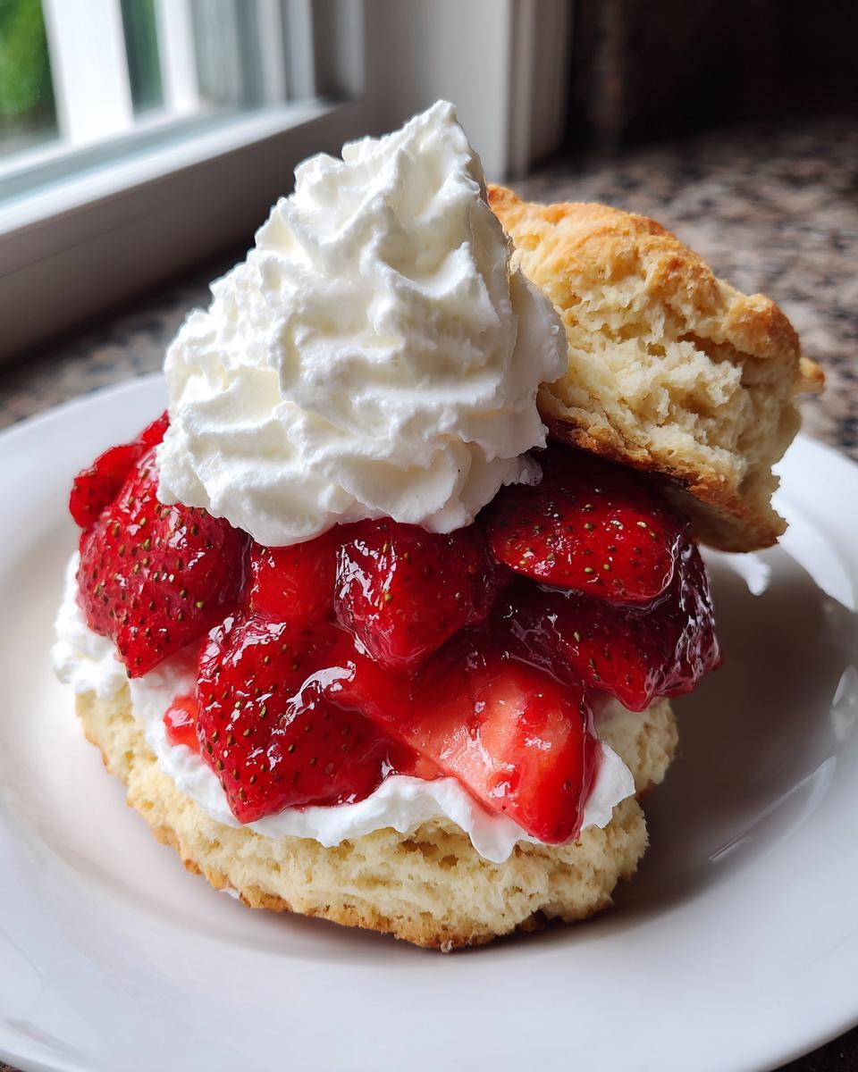 A delicious, tall strawberry shortcake featuring a biscuit layered with macerated strawberries and topped with a generous swirl of whipped cream.