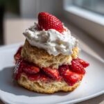 A close-up of a delicious strawberry shortcake layered with macerated strawberries and topped with whipped cream and a fresh strawberry.