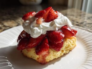 A close-up of a delicious strawberry shortcake slice topped with macerated strawberries and whipped cream.