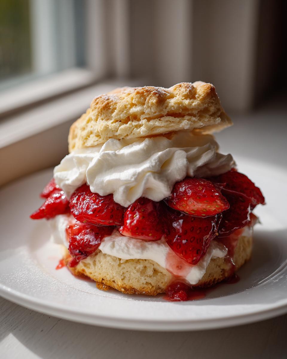 A close-up of a delicious strawberry shortcake featuring a biscuit, macerated strawberries, and whipped cream.