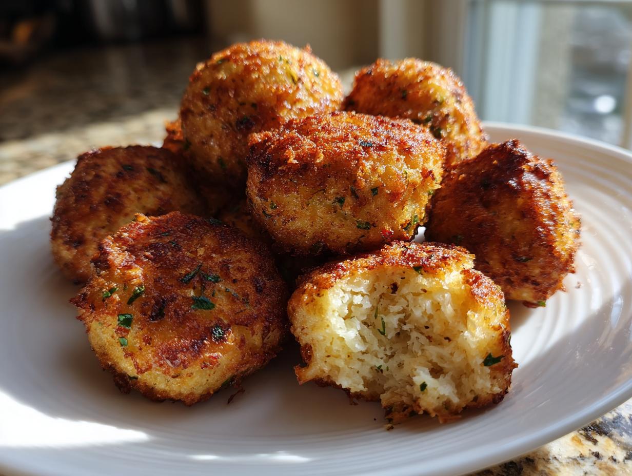 A close-up of several golden brown, crispy stuffing balls served on a white plate, with one ball broken open showing the texture inside.