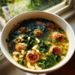 Close-up of a bowl of amazing wedding soup featuring small meatballs, elbow macaroni, and dark leafy greens in a clear broth.