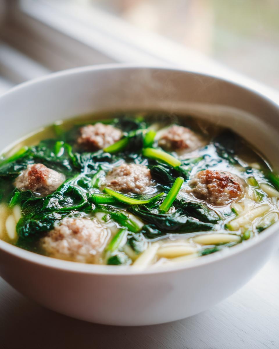 Close-up of a steaming white bowl filled with amazing wedding soup, featuring small meatballs, wilted spinach, and pasta in broth.