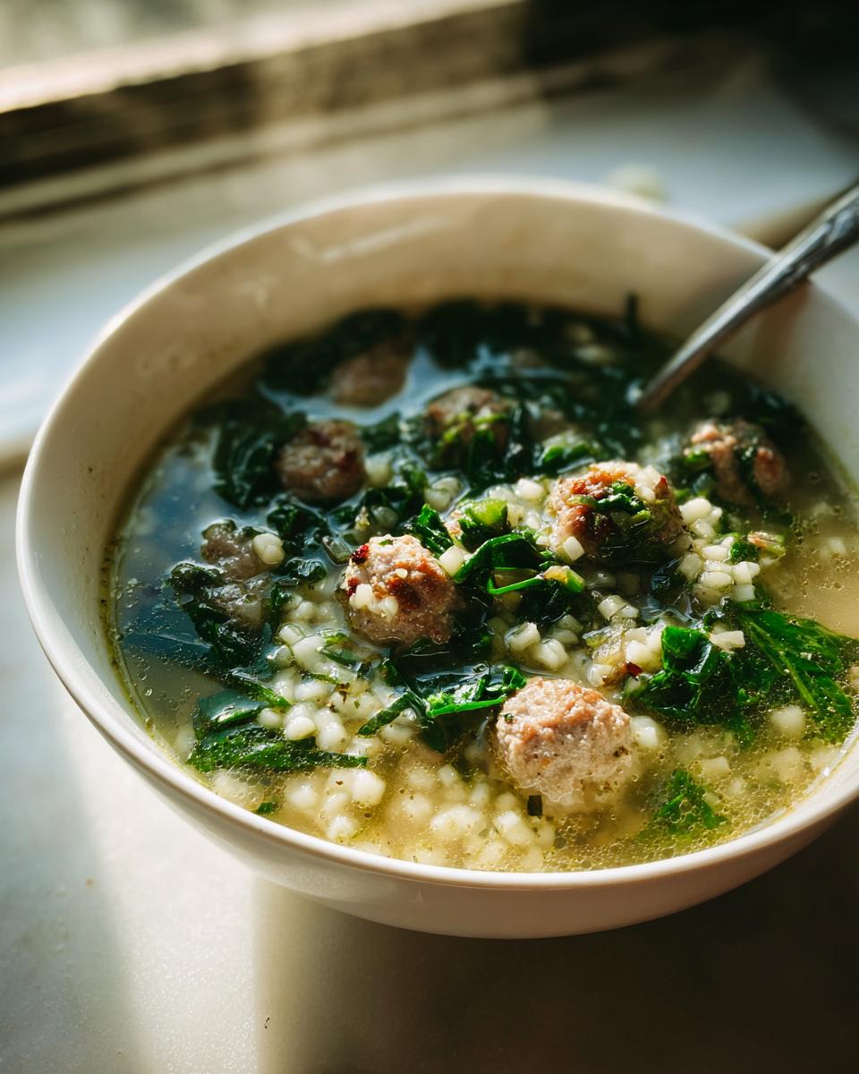 Close-up of a steaming white bowl filled with amazing wedding soup, featuring tiny meatballs, acini di pepe pasta, and spinach.