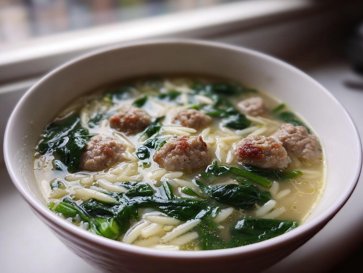 A close-up view of a white bowl filled with homemade wedding soup featuring tiny meatballs, orzo pasta, and wilted spinach.