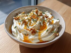 A bowl of creamy whipped ricotta dip topped with honey, walnuts, and fresh rosemary.