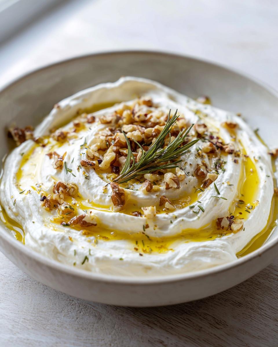 Close-up of a bowl of creamy whipped ricotta dip drizzled with olive oil and topped with chopped walnuts and rosemary.