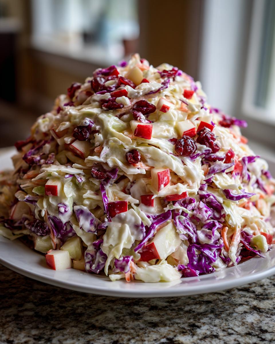 A large mound of creamy apple cranberry coleslaw featuring shredded cabbage, red apple chunks, and dried cranberries.