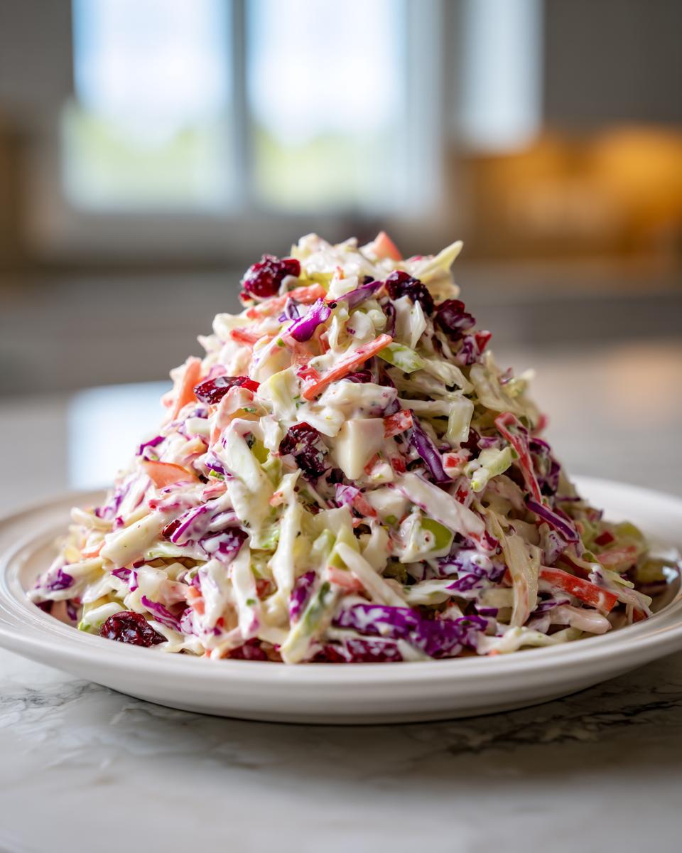 A tall mound of creamy apple cranberry coleslaw featuring shredded cabbage, carrots, apples, and dried cranberries.