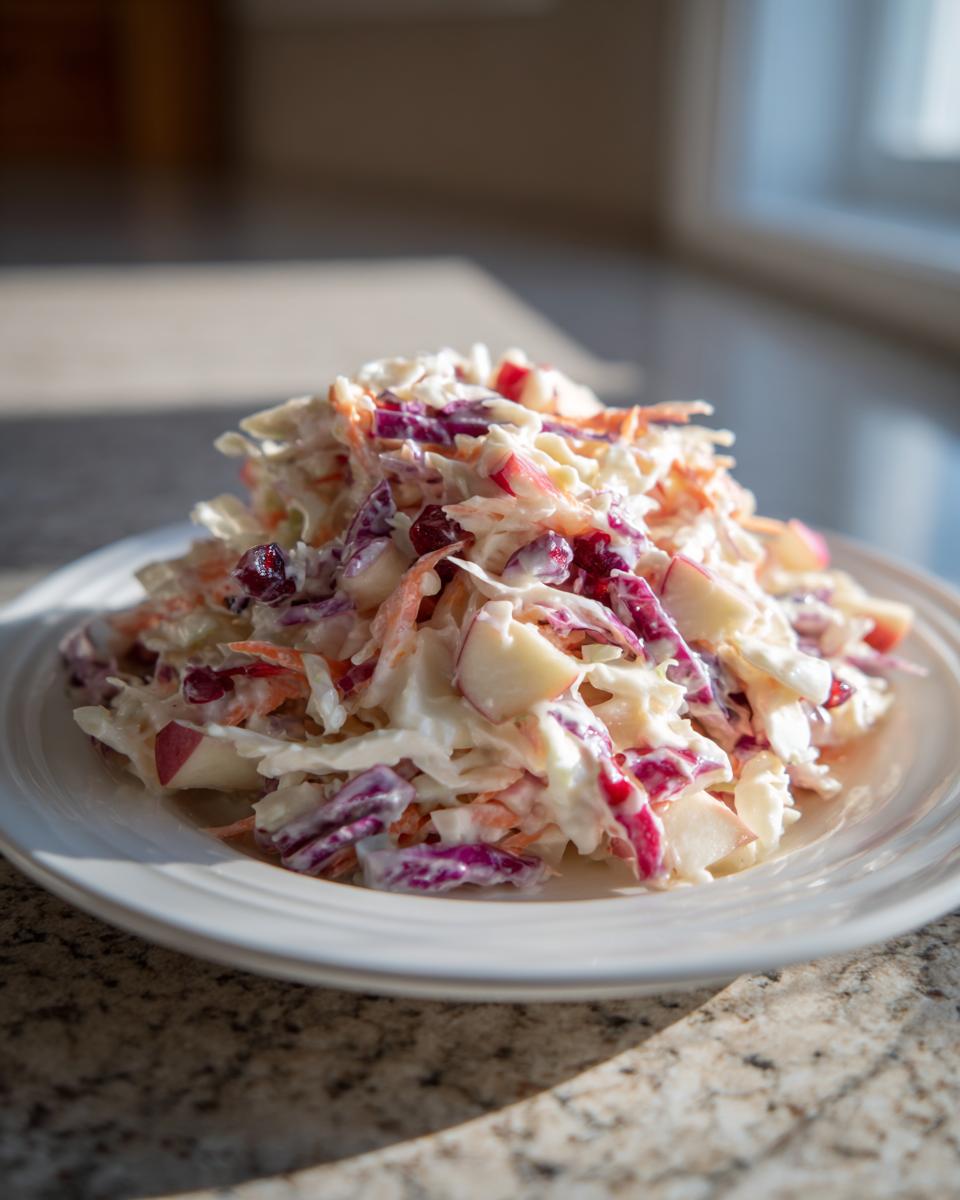 A mound of creamy apple cranberry coleslaw featuring shredded cabbage, apples, and cranberries, served on a white plate.