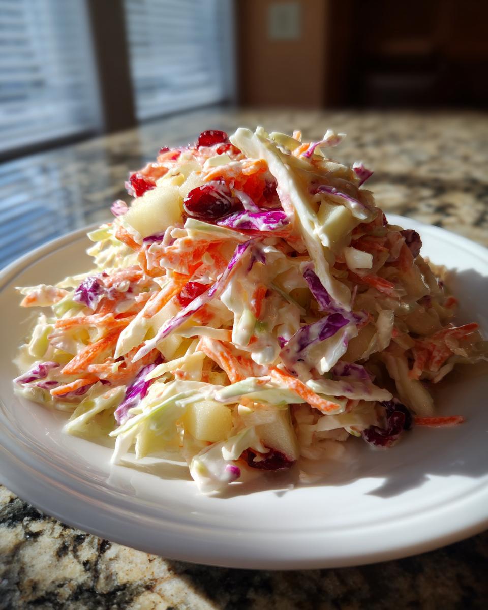 A vibrant mound of apple cranberry coleslaw featuring shredded cabbage, carrots, apple chunks, and dried cranberries, coated in creamy dressing.