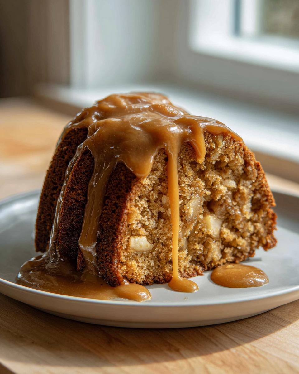 A generous slice of moist apple dapple cake topped with rich caramel sauce dripping down the sides.