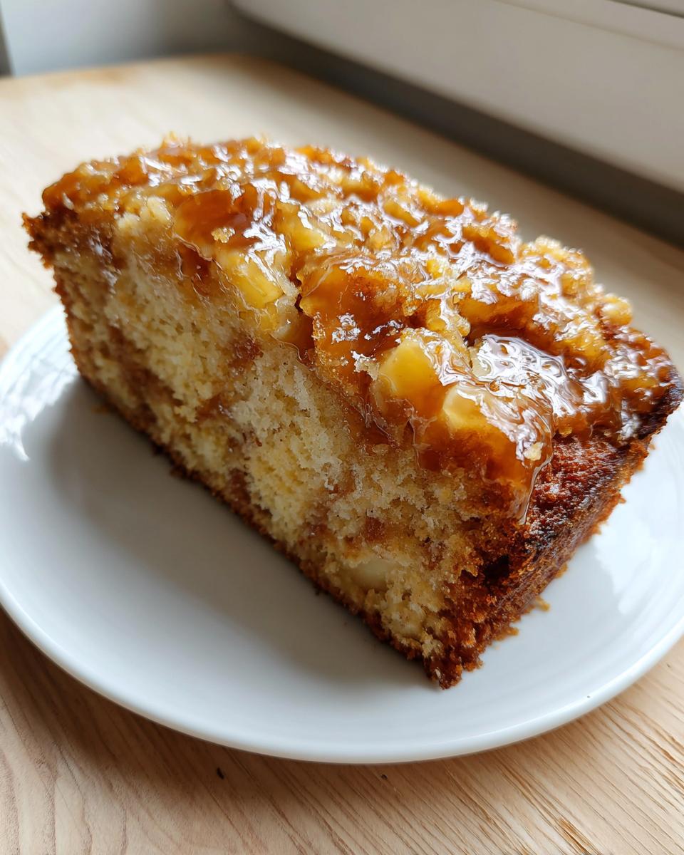 Close-up of a moist slice of apple dapple cake topped with a thick, glossy caramel and nut topping.