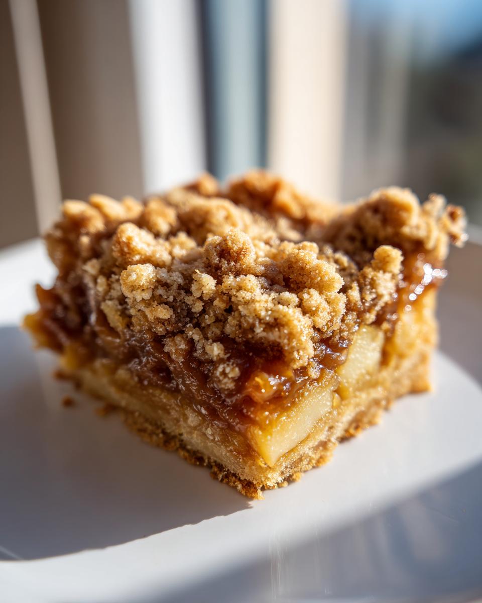 A single square of decadent apple pie caramel apples bars featuring a thick layer of gooey caramel, soft apple chunks, and a crunchy crumble topping.