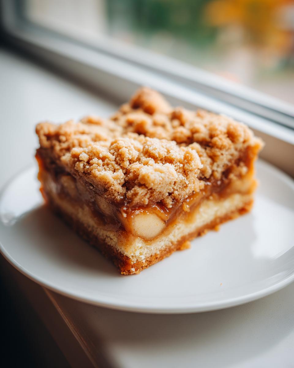 A square slice of apple pie caramel apples bars featuring a thick crumble topping, gooey caramel, and visible apple chunks.