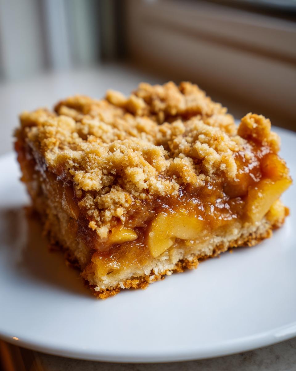 A square slice of decadent apple pie caramel apples bars featuring a thick layer of spiced apples and a buttery crumble topping.