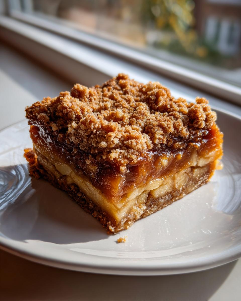 A decadent square of apple pie caramel apples bars with a crumb topping, sitting on a white plate.