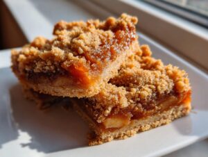 Two decadent apple pie caramel apples bars stacked slightly, showing the thick caramel filling and crumbly topping.