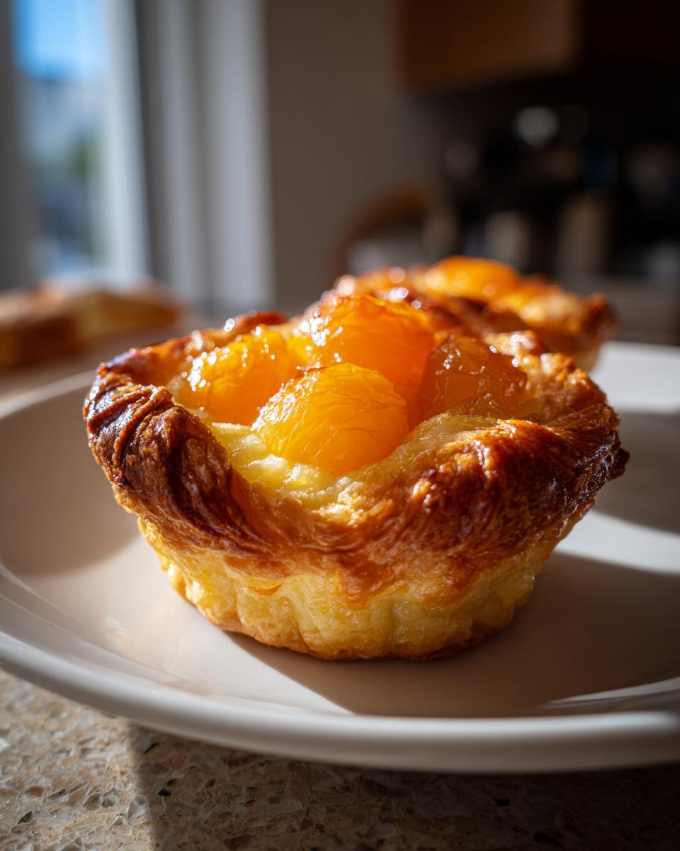 Close-up of a single, golden-brown apricot-almond tartlet with glazed fruit topping on a white plate.