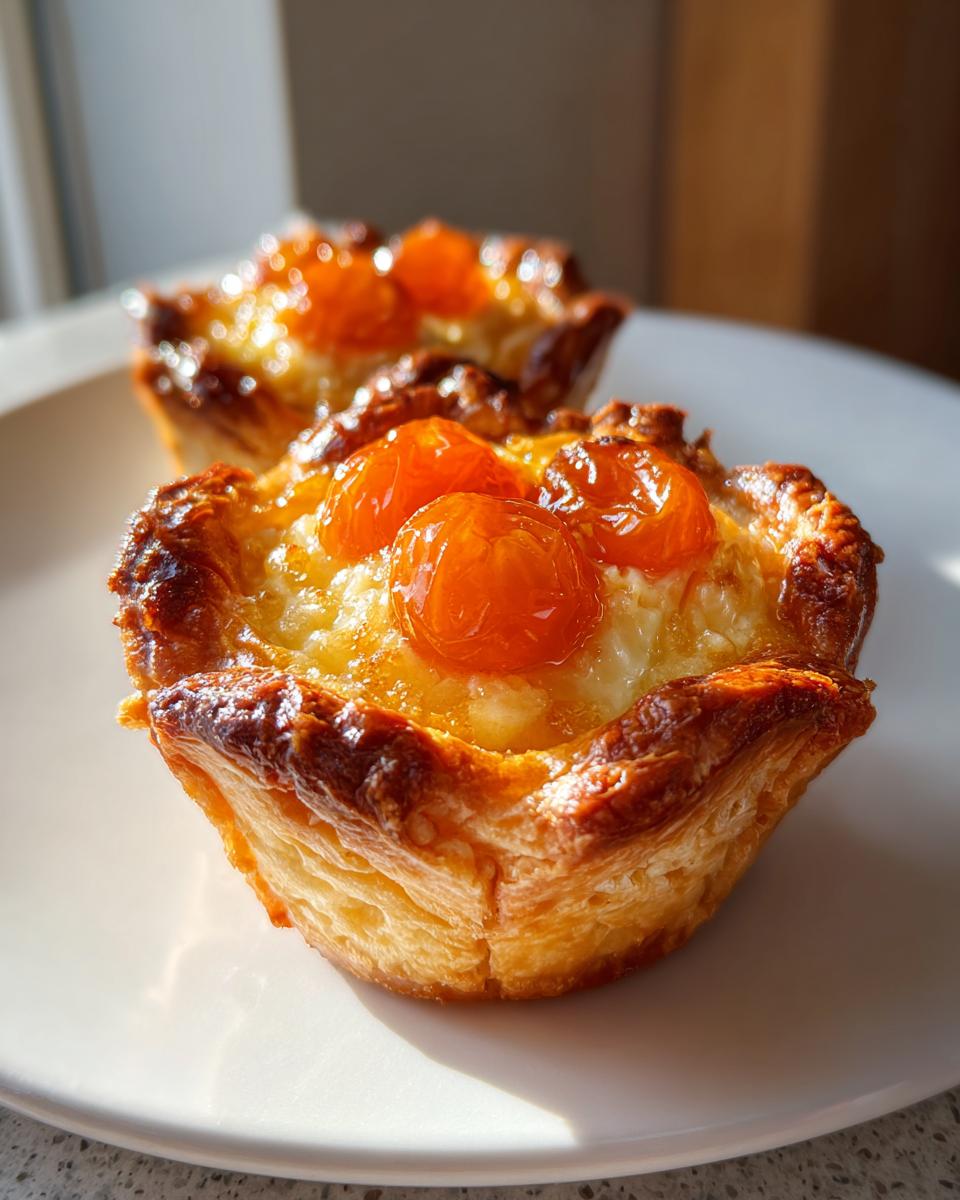 Close-up of two golden, flaky apricot-almond tartlets topped with glazed apricots on a white plate.