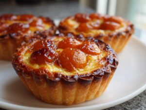 Three golden-brown apricot-almond tartlets with caramelized tops resting on a white plate.
